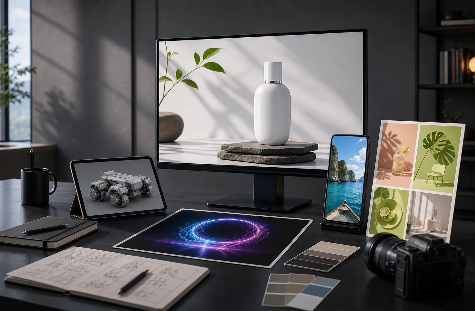 Videmos image and video workspace showing product advertising, vertical video, social content, music visuals, and concept art